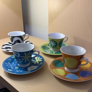 RO Brasil - Assortment of Hand Painted Teacups and Saucers - Set of 4 - 2oz